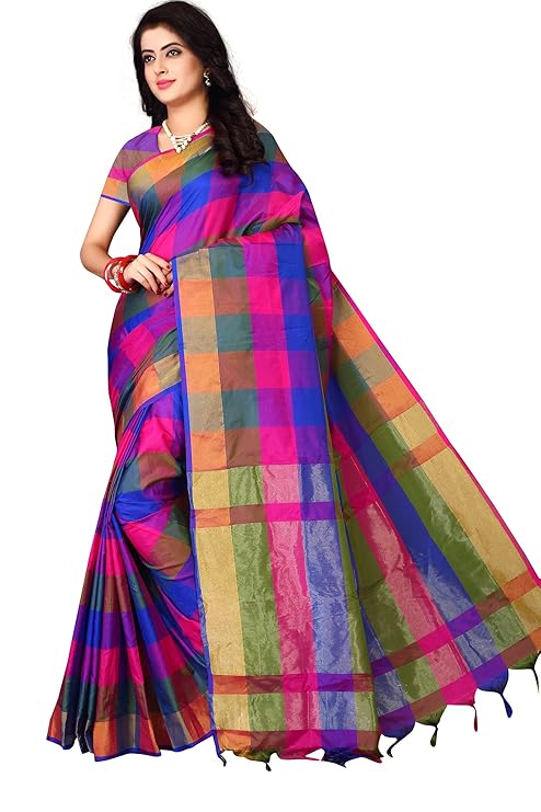 Checked Saree Bhagalpuri Soft Silk Saree With Blouse Piece for Girls & Women (Multicolor)