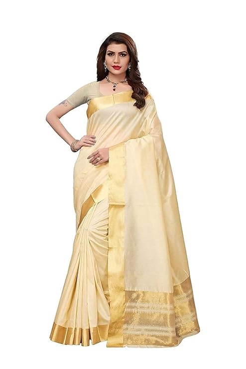 Women's Kerala Art Silk Plain Saree With Blouse Piece (Beige)