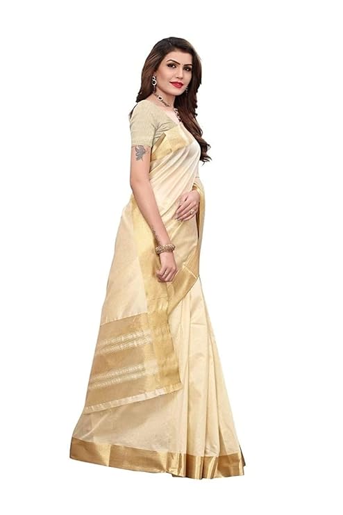 Women's Kerala Art Silk Plain Saree With Blouse Piece (Beige)