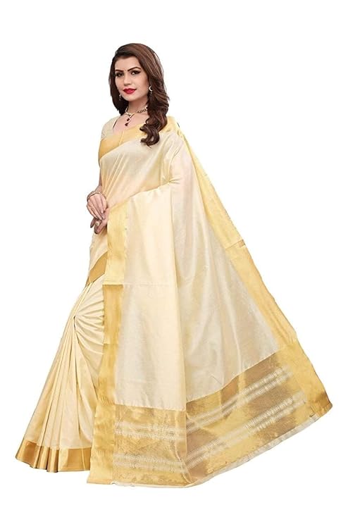 Women's Kerala Art Silk Plain Saree With Blouse Piece (Beige)