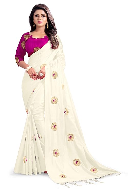 Women's Party Festive Wear Embroidered Fashion Poly Silk Saree with Blouse Piece (White)