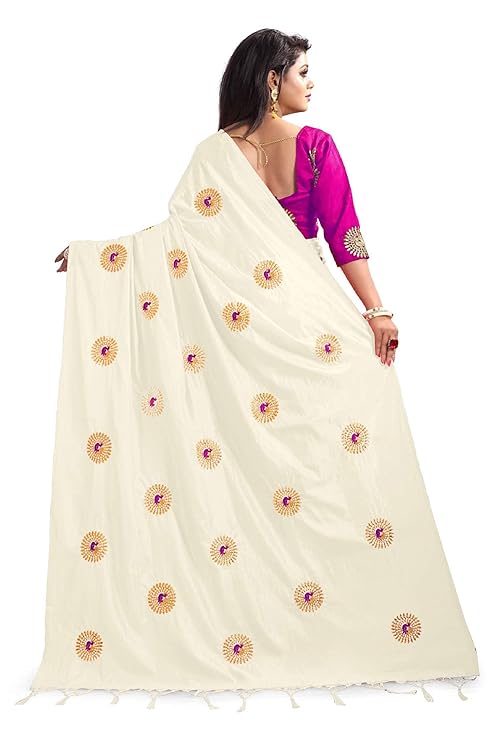 Women's Party Festive Wear Embroidered Fashion Poly Silk Saree with Blouse Piece (White)