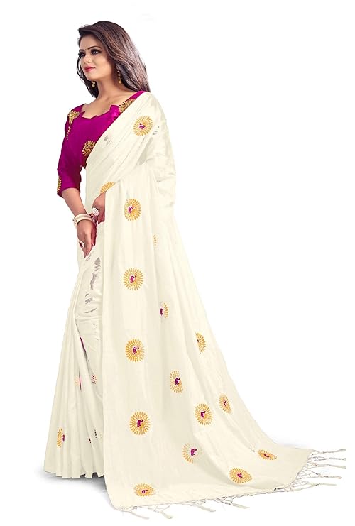 Women's Party Festive Wear Embroidered Fashion Poly Silk Saree with Blouse Piece (White)