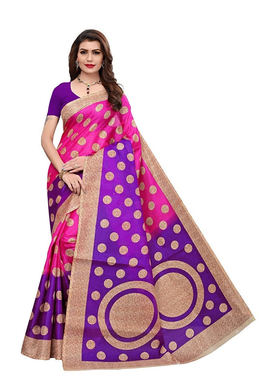 Art Silk Kalamkari and Bhagalpuri Style Cotton Blend Saree with Blouse Piece (Multicolour) for Girls and Women