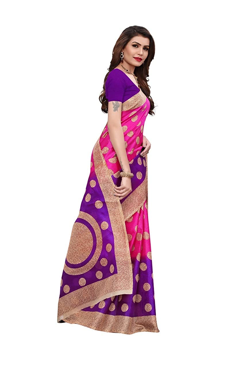 Art Silk Kalamkari and Bhagalpuri Style Cotton Blend Saree with Blouse Piece (Multicolour) for Girls and Women