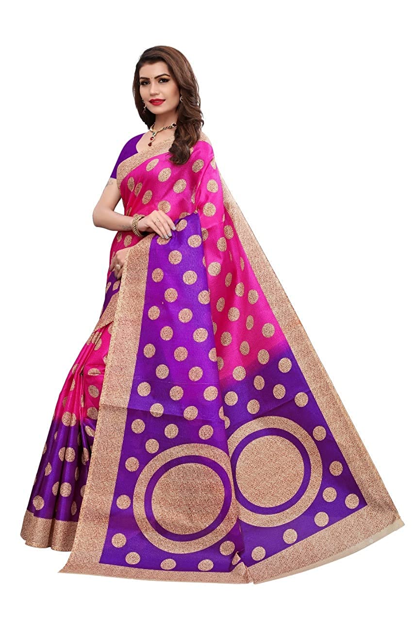 Art Silk Kalamkari and Bhagalpuri Style Cotton Blend Saree with Blouse Piece (Multicolour) for Girls and Women