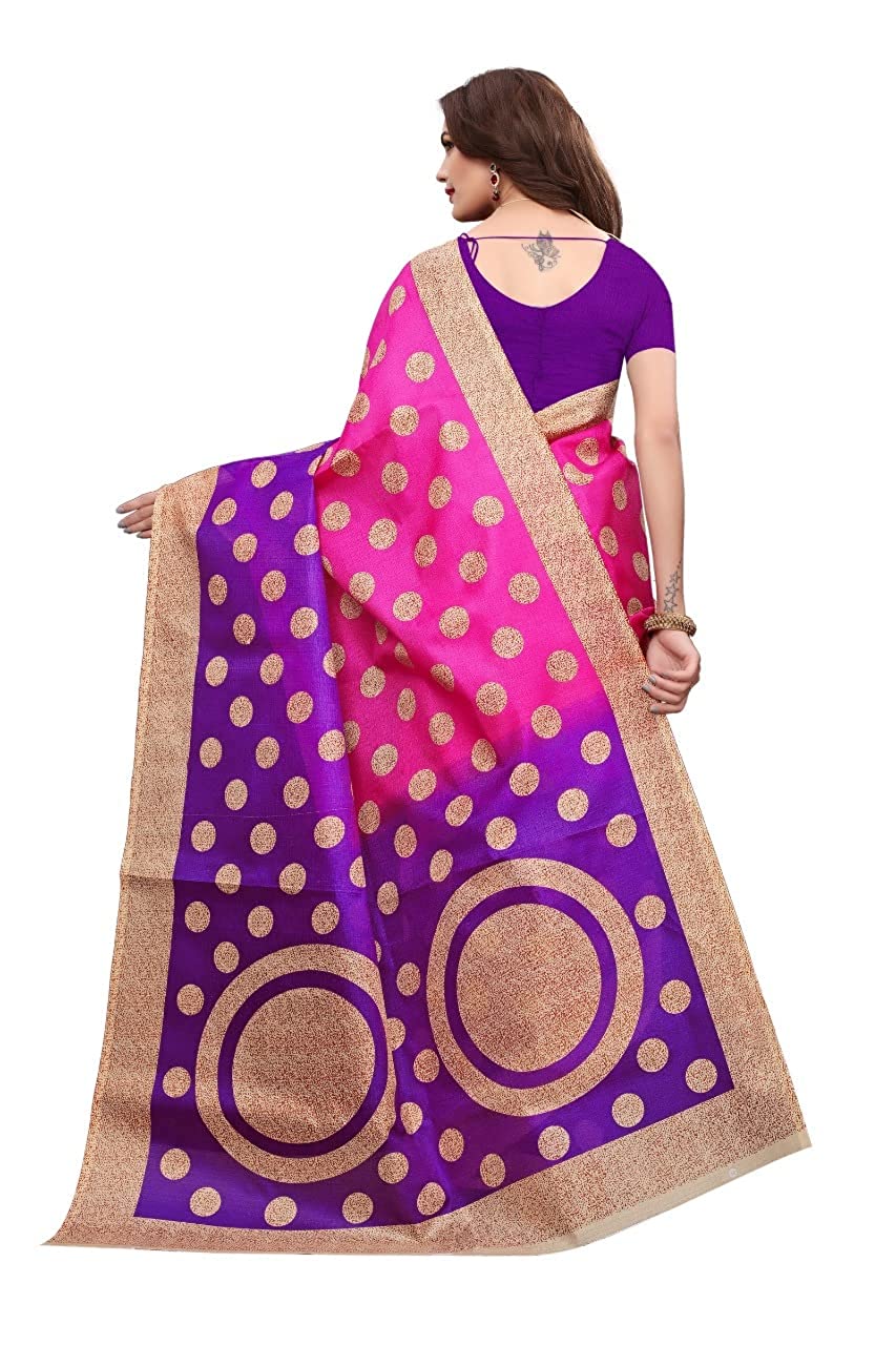 Art Silk Kalamkari and Bhagalpuri Style Cotton Blend Saree with Blouse Piece (Multicolour) for Girls and Women