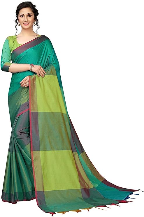 Color Block Fashion Soft Cotton Silk Saree with Blouse - (Olive Green) for Girls and Women