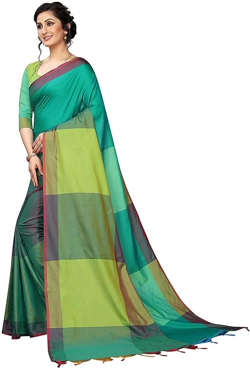 Color Block Fashion Soft Cotton Silk Saree with Blouse - (Olive Green) for Girls and Women