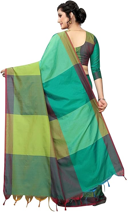 Color Block Fashion Soft Cotton Silk Saree with Blouse - (Olive Green) for Girls and Women