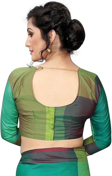 Color Block Fashion Soft Cotton Silk Saree with Blouse - (Olive Green) for Girls and Women