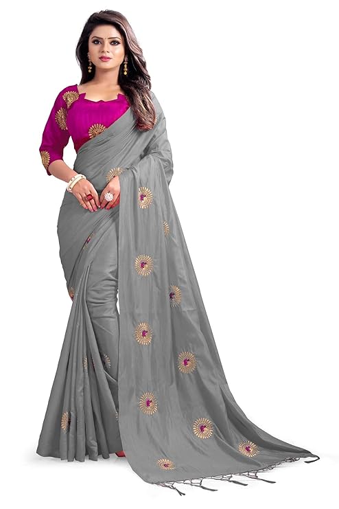 Women's Party Festive Wear Embroidered Fashion Poly Silk Saree with Unstiched Blouse Piece (Grey)