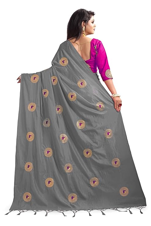 Women's Party Festive Wear Embroidered Fashion Poly Silk Saree with Unstiched Blouse Piece (Grey)