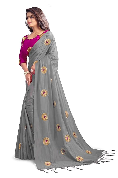 Women's Party Festive Wear Embroidered Fashion Poly Silk Saree with Unstiched Blouse Piece (Grey)