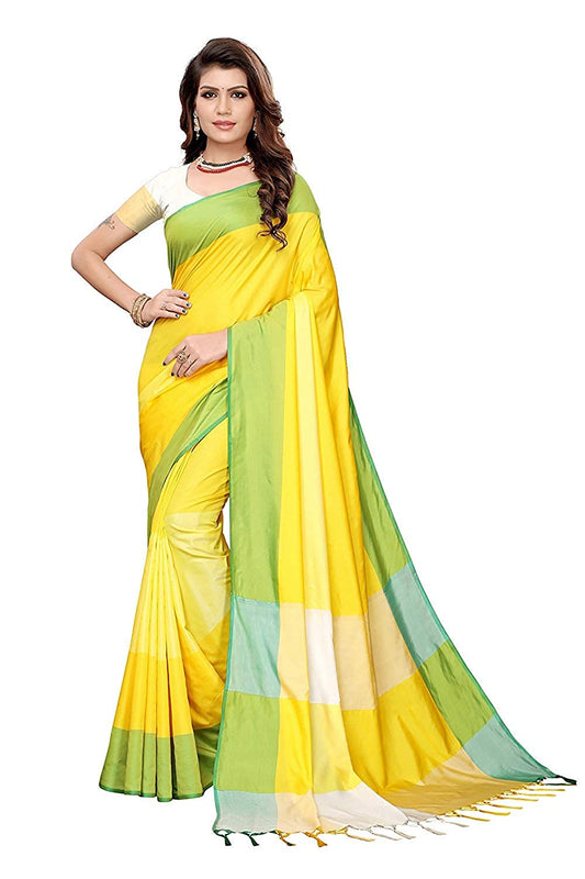 Women's Banarasi Saree Soft Cotton Silk Saree with Blouse Piece - (Yellow) for Girls