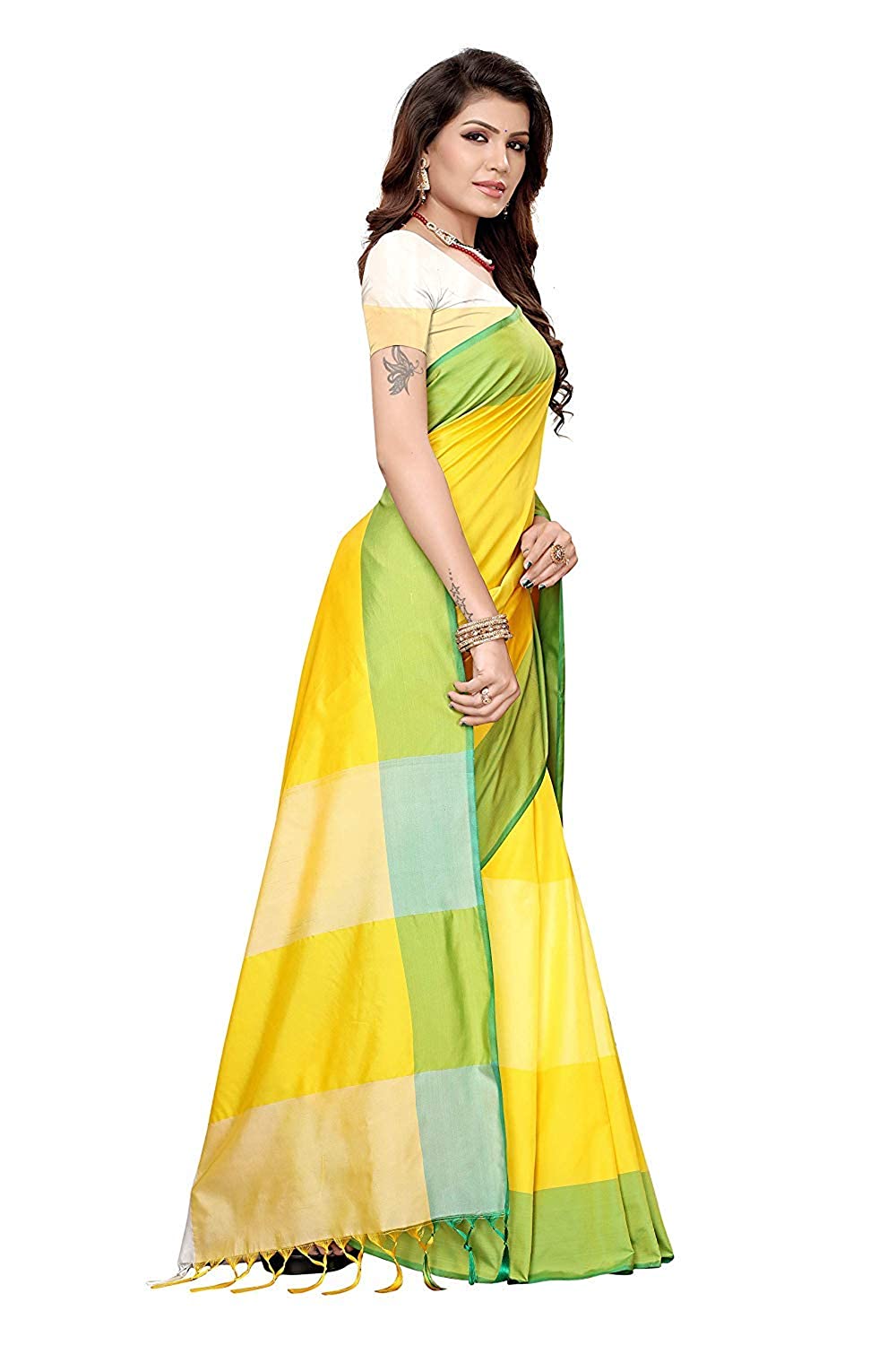 Women's Banarasi Saree Soft Cotton Silk Saree with Blouse Piece - (Yellow) for Girls