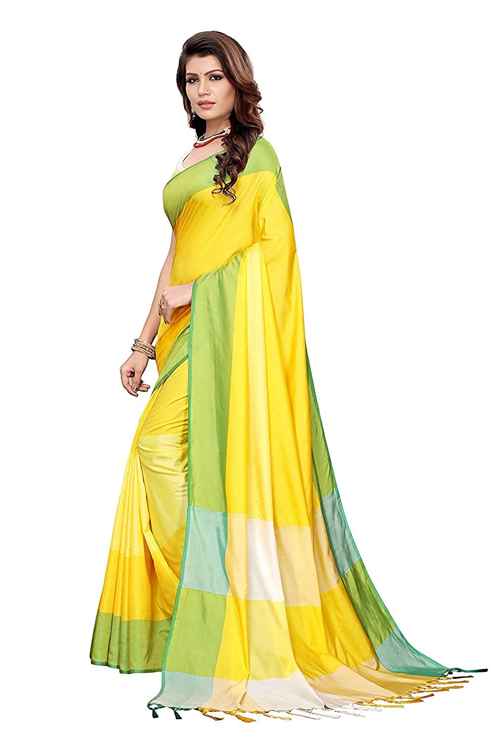 Women's Banarasi Saree Soft Cotton Silk Saree with Blouse Piece - (Yellow) for Girls