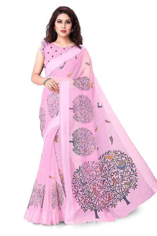 Women's Cotton Blend Satin Woven Border Designer Madhubani Printed Saree with Blouse Piece (Pink)