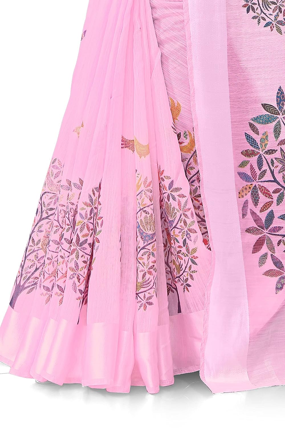 Women's Cotton Blend Satin Woven Border Designer Madhubani Printed Saree with Blouse Piece (Pink)