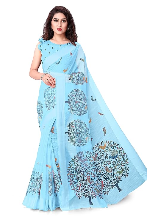 Women's Cotton Blend Satin Woven Border Designer Madhubani Printed Saree with Blouse Piece (Light Blue)