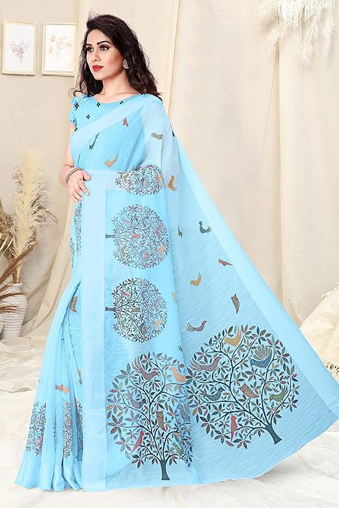 Women's Cotton Blend Satin Woven Border Designer Madhubani Printed Saree with Blouse Piece (Light Blue)