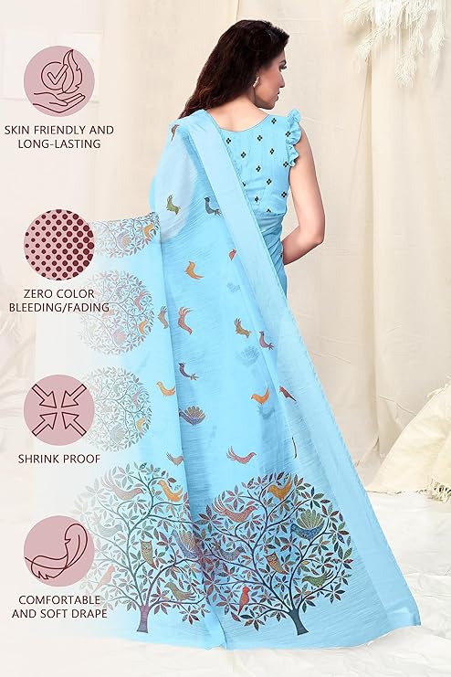 Women's Cotton Blend Satin Woven Border Designer Madhubani Printed Saree with Blouse Piece (Light Blue)