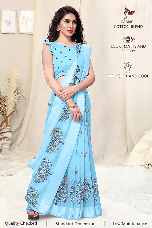 Women's Cotton Blend Satin Woven Border Designer Madhubani Printed Saree with Blouse Piece (Light Blue)