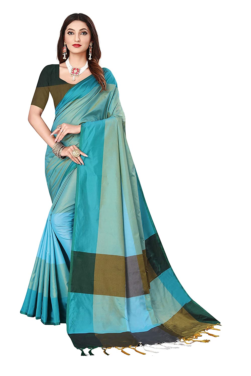 Color Block Fashion Banarasi Saree Soft Cotton Silk Saree with Blouse Piece for Girls and Women