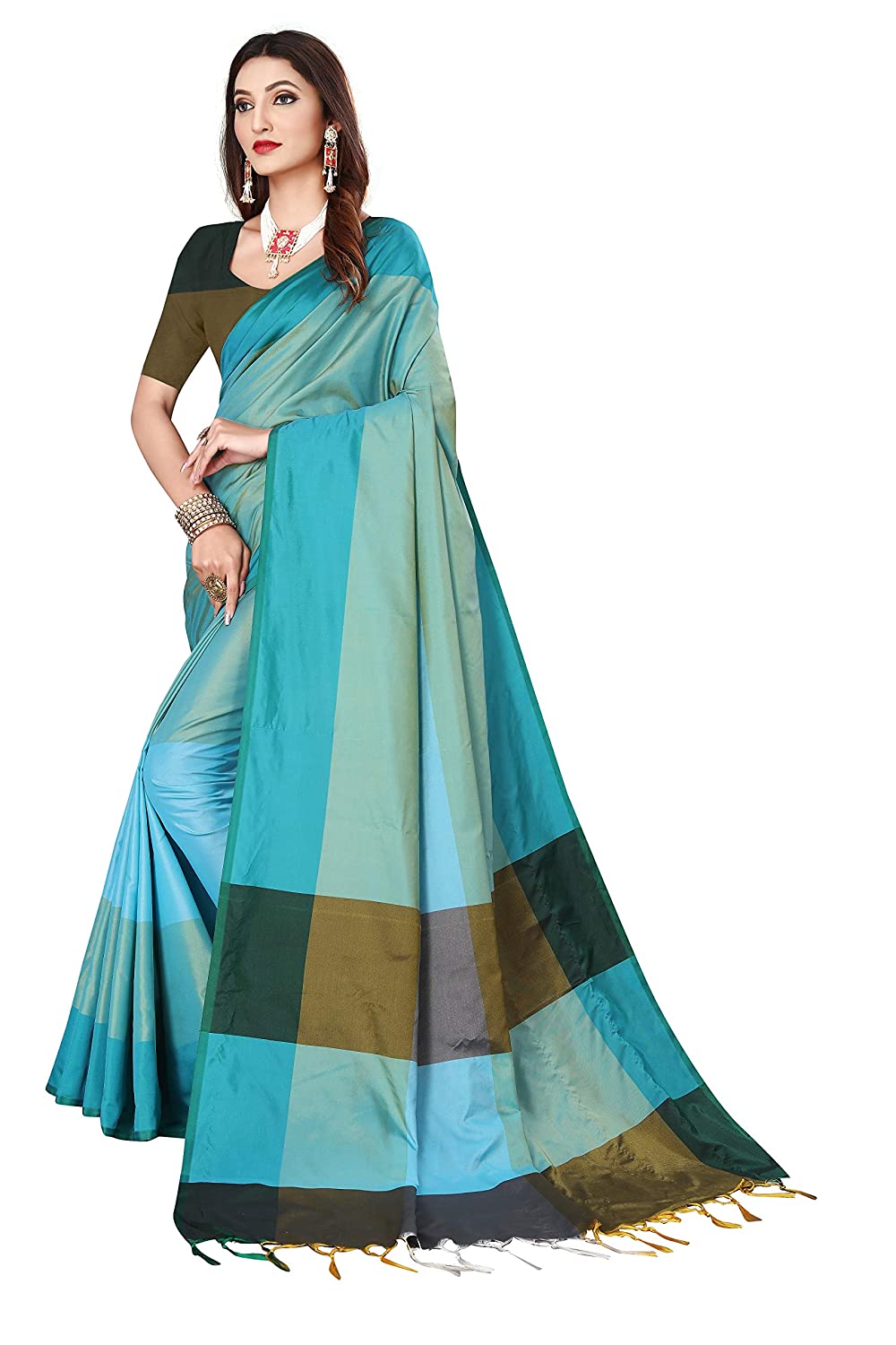 Color Block Fashion Banarasi Saree Soft Cotton Silk Saree with Blouse Piece for Girls and Women