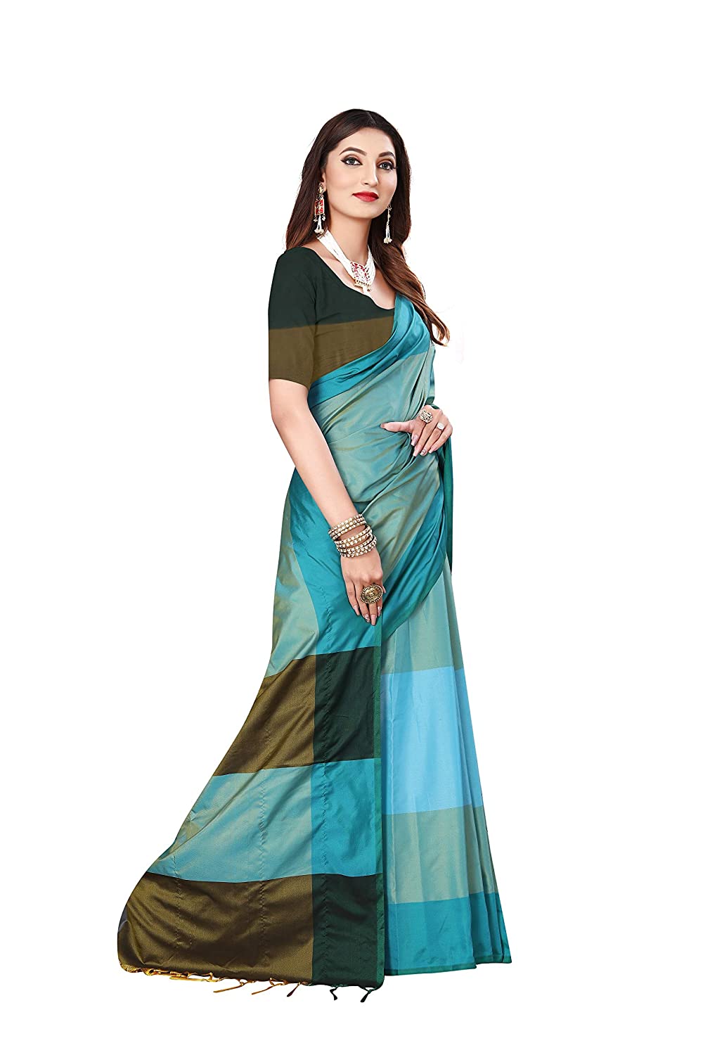 Color Block Fashion Banarasi Saree Soft Cotton Silk Saree with Blouse Piece for Girls and Women