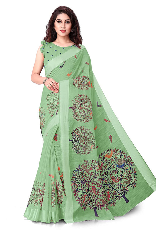 Women's Cotton Blend Satin Woven Border Designer Madhubani Printed Saree with Blouse Piece (Pista Green)