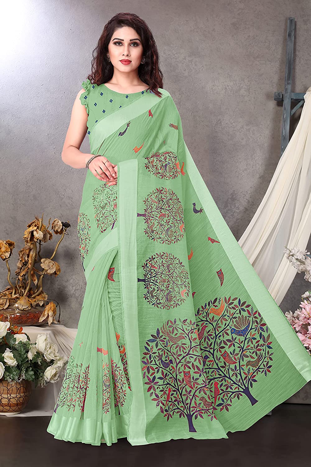 Women's Cotton Blend Satin Woven Border Designer Madhubani Printed Saree with Blouse Piece (Pista Green)