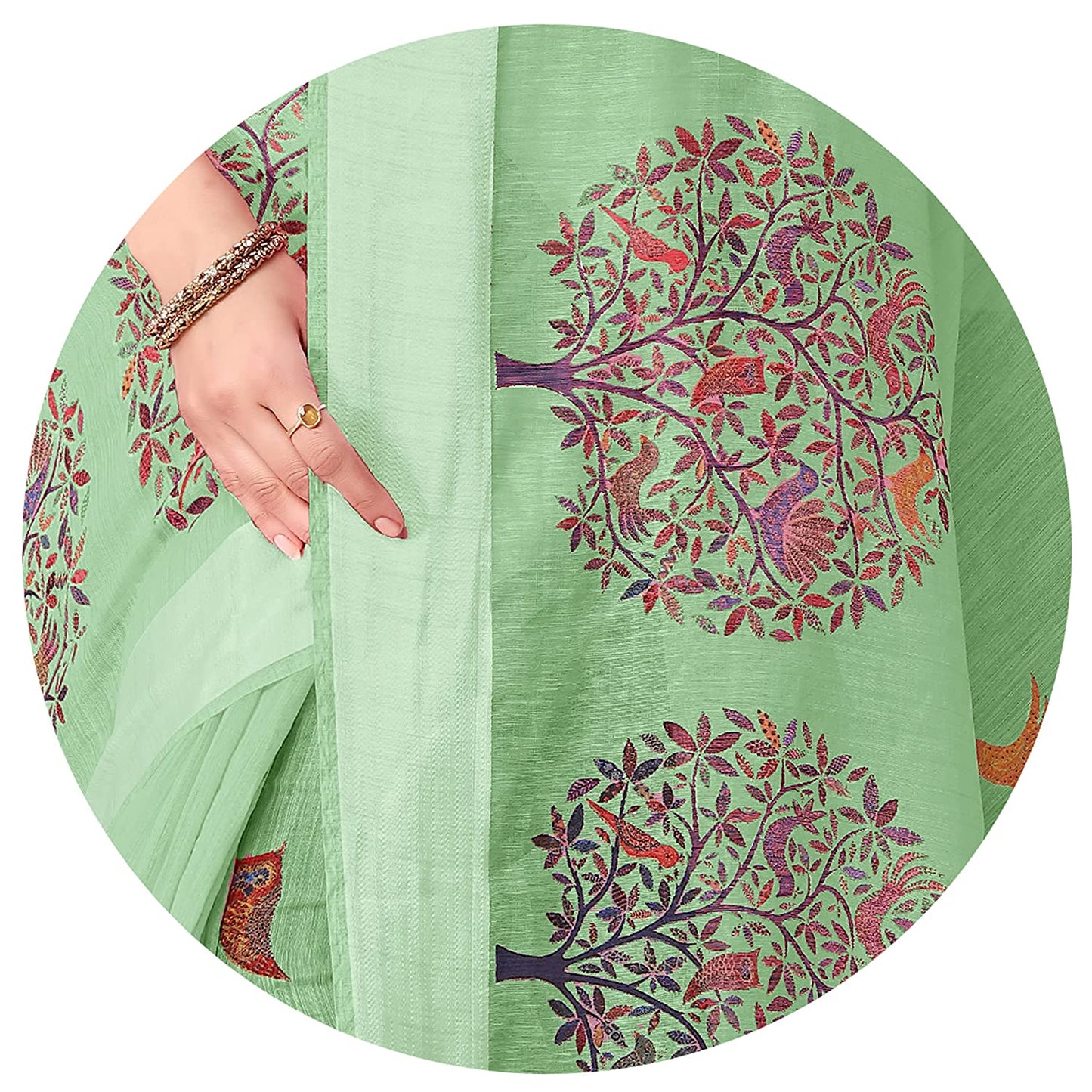 Women's Cotton Blend Satin Woven Border Designer Madhubani Printed Saree with Blouse Piece (Pista Green)