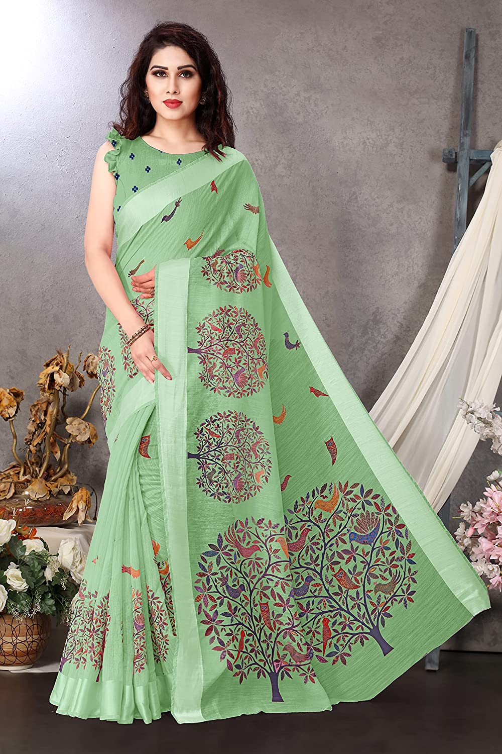 Women's Cotton Blend Satin Woven Border Designer Madhubani Printed Saree with Blouse Piece (Pista Green)