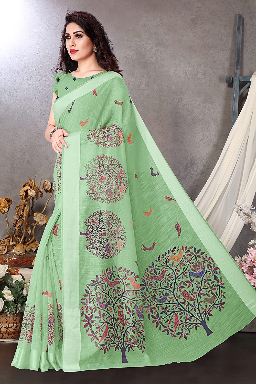 Women's Cotton Blend Satin Woven Border Designer Madhubani Printed Saree with Blouse Piece (Pista Green)