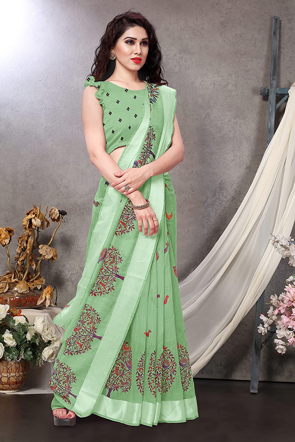 Women's Cotton Blend Satin Woven Border Designer Madhubani Printed Saree with Blouse Piece (Pista Green)