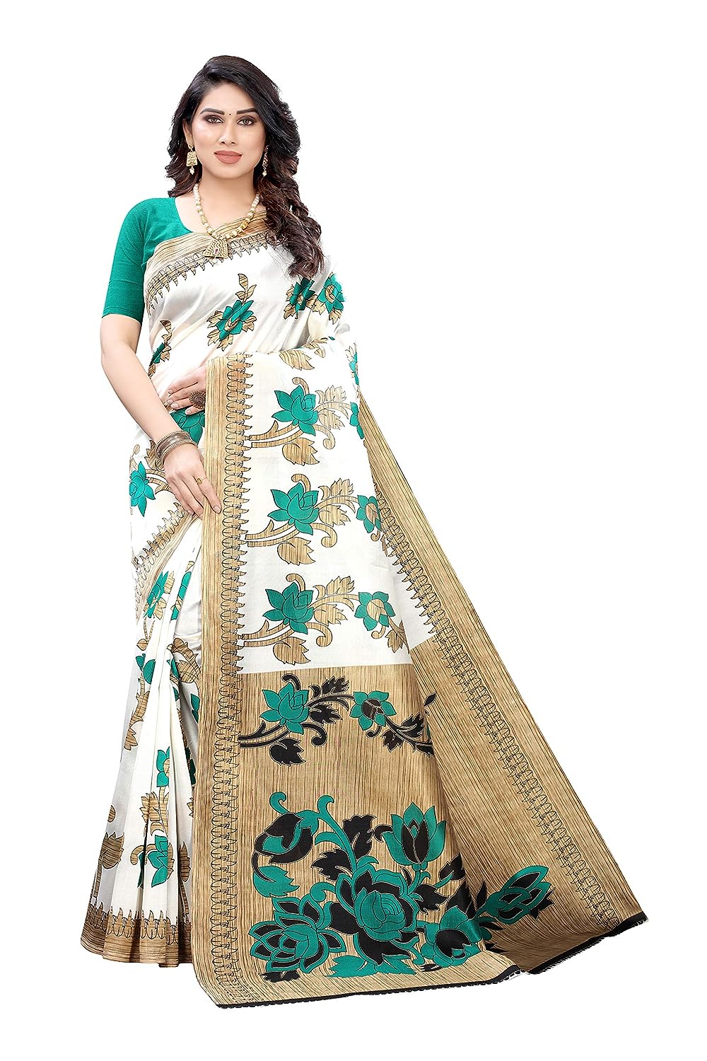 Women's Festival Printed Saree Art Silk Saree With Blouse Piece (White Green)