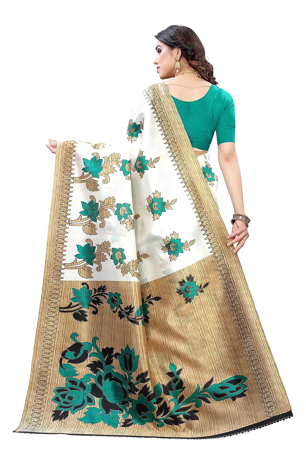 Women's Festival Printed Saree Art Silk Saree With Blouse Piece (White Green)