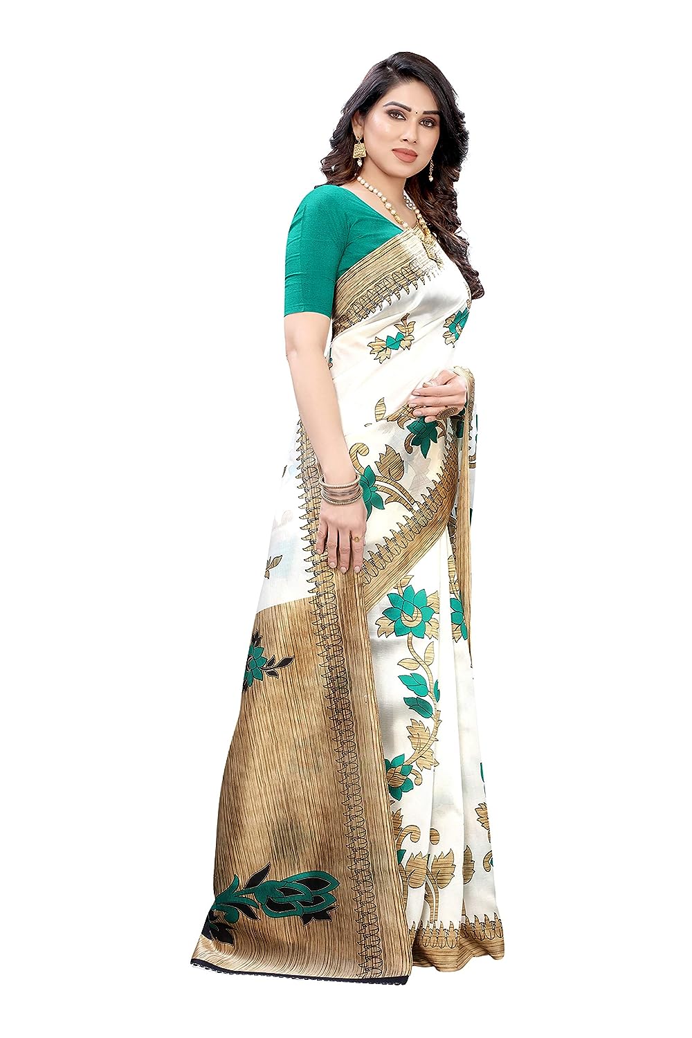 Women's Festival Printed Saree Art Silk Saree With Blouse Piece (White Green)