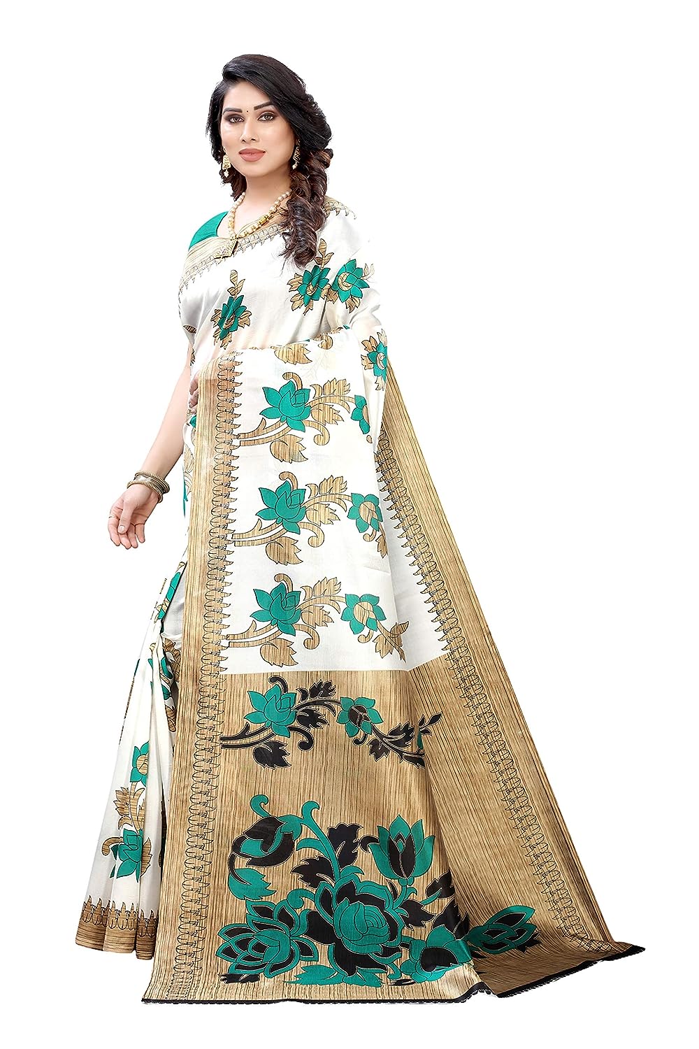 Women's Festival Printed Saree Art Silk Saree With Blouse Piece (White Green)