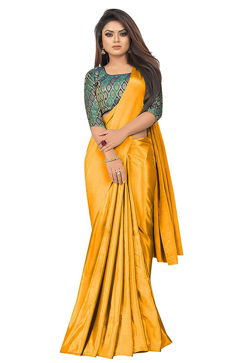 Women's Chinon Saree With Jacquard Silk Unstitched Blouse Piece (Yellow)