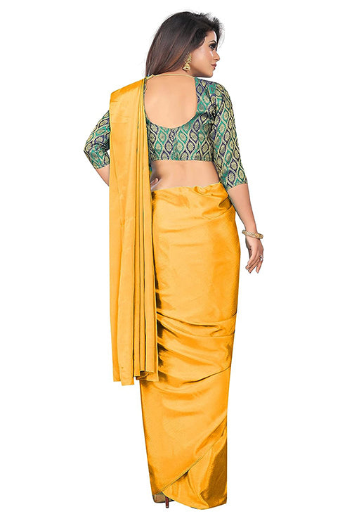 Women's Chinon Saree With Jacquard Silk Unstitched Blouse Piece (Yellow)