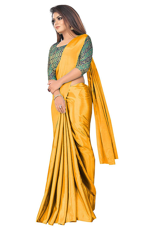 Women's Chinon Saree With Jacquard Silk Unstitched Blouse Piece (Yellow)