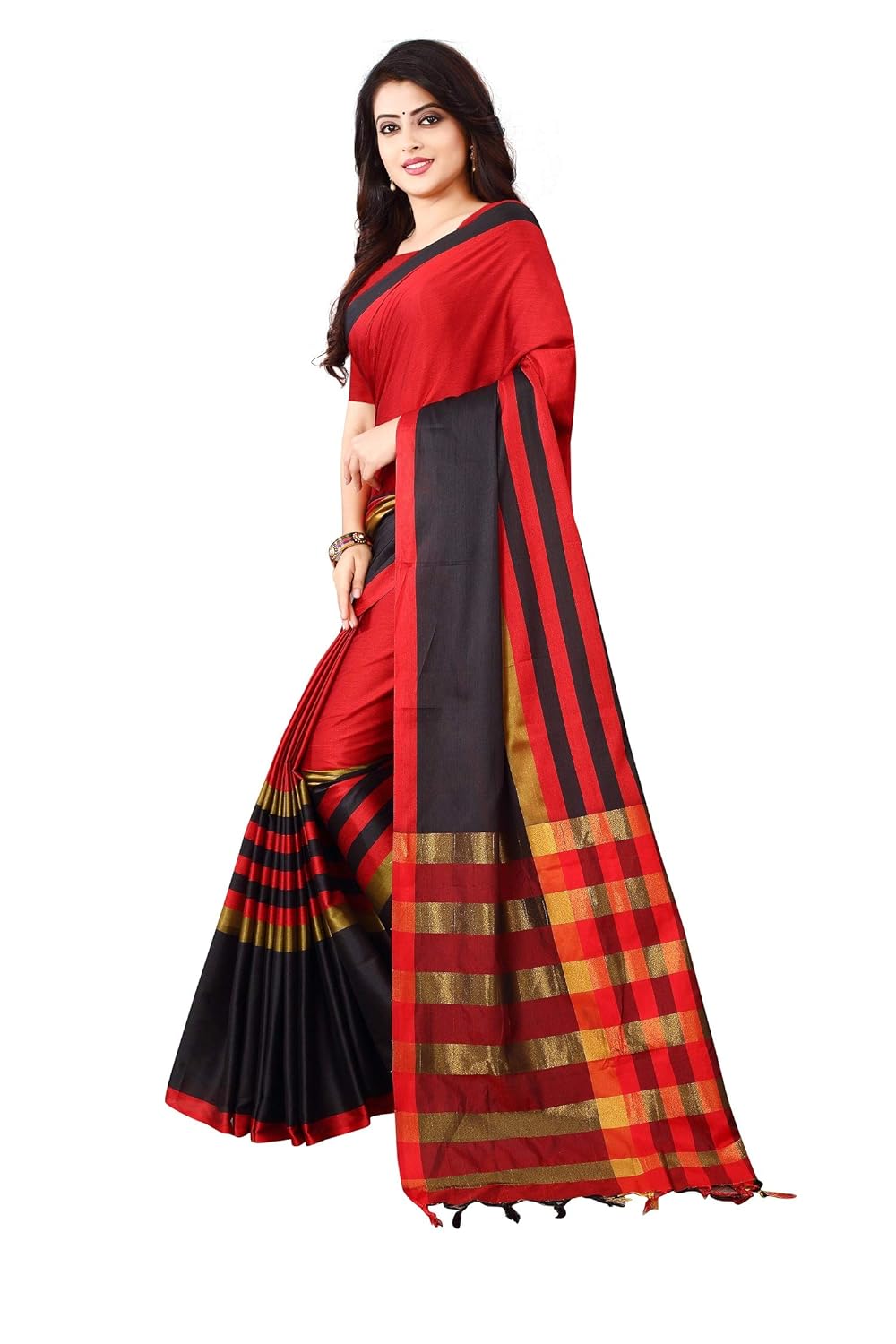 Women's Banarasi Saree Soft Cotton Silk Saree with Blouse (Black Red)