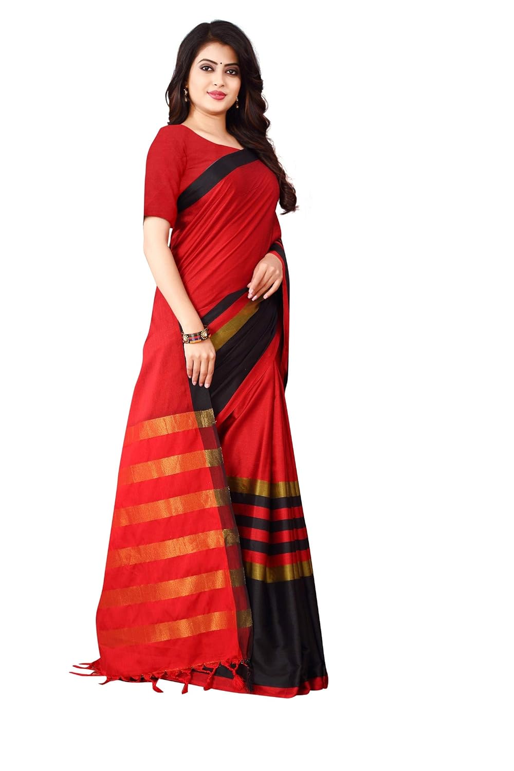 Women's Banarasi Saree Soft Cotton Silk Saree with Blouse (Black Red)