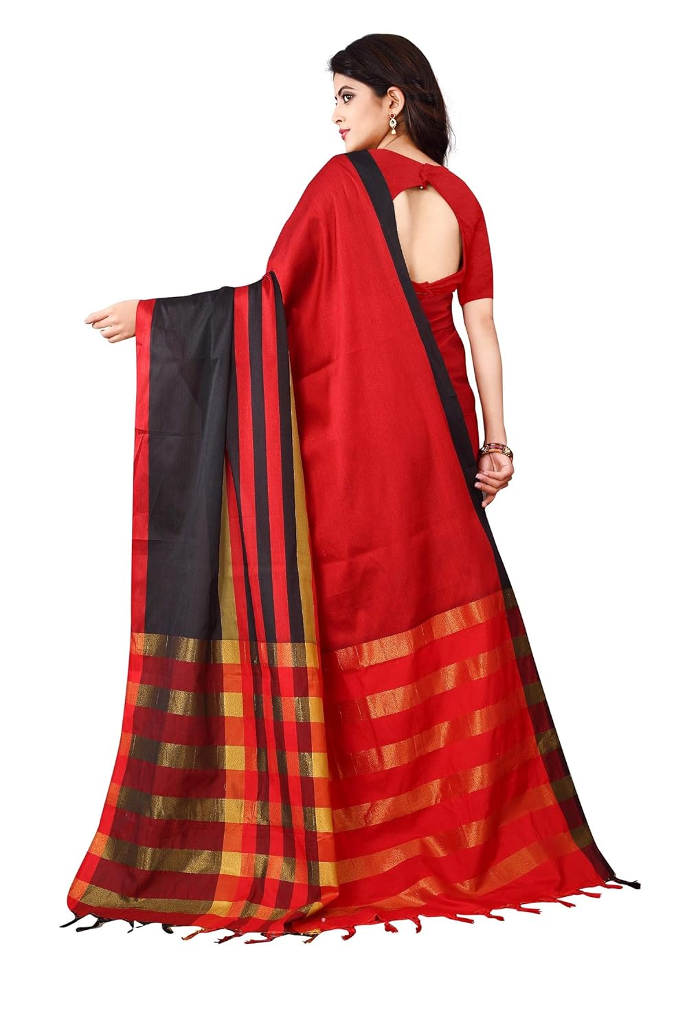 Women's Banarasi Saree Soft Cotton Silk Saree with Blouse (Black Red)