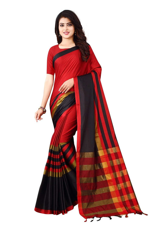 Women's Banarasi Saree Soft Cotton Silk Saree with Blouse (Black Red)