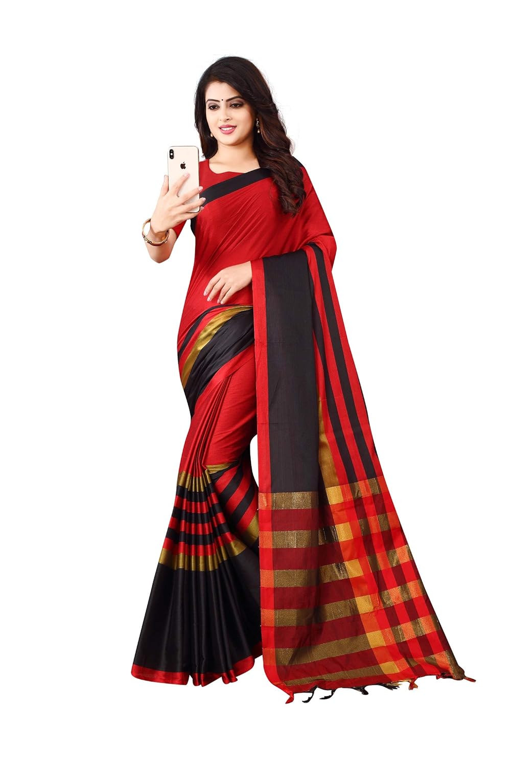 Women's Banarasi Saree Soft Cotton Silk Saree with Blouse (Black Red)