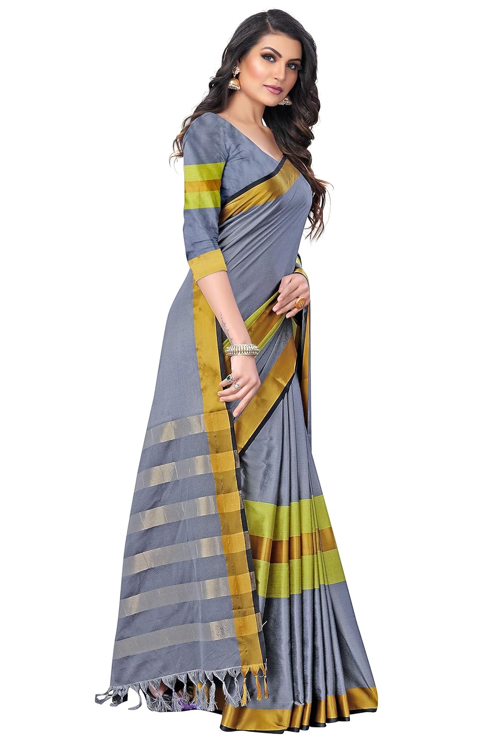 Women's Cotton Soft Silk Saree with Blouse Piece (Grey)