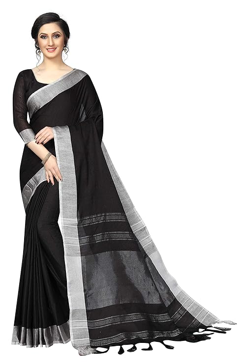 Girl's Women's Bollywood Linen Blend Saree With Blouse Piece (Black)